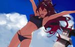  1girl armpits arms_up bangs bikini blue_bikini breasts building closed_eyes clouds cloudy_sky day detached_wings dutch_angle floating_hair hololive hololive_english horns irys_(hololive) long_hair multiple_horns navel outdoors pako_(pakosun) redhead sky small_breasts solo stomach swimsuit teeth virtual_youtuber wings 