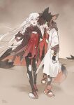  1boy 1girl aak_(arknights) animal_ears arknights arm_around_shoulder arm_over_shoulder artist_name bandaged_arm bandages bandaid bandaid_on_face black_legwear bracelet brown_hair cat_boy cat_ears cat_tail chinese_commentary commentary_request dress ear_piercing earrings full_body furry furry_male hair_over_one_eye jacket jewelry korukun long_hair long_sleeves looking_at_viewer open_mouth pantyhose piercing pointy_ears red_dress red_eyes red_footwear shoes short_hair tail torn_clothes torn_legwear walking warfarin_(arknights) white_hair white_jacket 