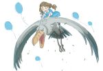  1girl :d balloon bird blue_dress blue_eyes blush brown_footwear brown_hair child dress hinata_no_aoshigure long_hair q; riding_bird school_uniform shigure_(hinata_no_aoshigure) shoebill simple_background smile solo white_background 