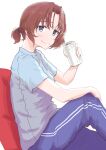  1girl absurdres alternate_hairstyle azumi_(girls_und_panzer) bangs beer_can blue_eyes blue_pants blue_shirt brown_hair can closed_mouth commentary girls_und_panzer hair_tie highres holding holding_can knee_up looking_at_viewer loungewear oritako pants parted_bangs shirt short_hair short_ponytail short_sleeves simple_background sitting smile solo t-shirt track_pants white_background 