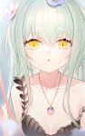  1girl :o bangs bare_arms bare_shoulders black_shirt collarbone commentary_request dated diamond-shaped_pupils diamond_(shape) eyelashes face flower furrowed_brow green_background green_hair hair_between_eyes hair_flower hair_ornament highres jewelry long_hair looking_at_viewer necklace ookamisama original parted_lips shirt sidelocks solo symbol-shaped_pupils thick_eyebrows yellow_eyes 