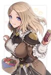  1girl alternate_hairstyle apple basket blonde_hair blue_eyes breasts brown_dress commentary_request cookie dress fire_emblem fire_emblem:_three_houses fire_emblem_warriors:_three_hopes food fruit gonzarez hand_up highres holding large_breasts long_hair looking_at_viewer medium_hair mercedes_von_martritz simple_background smile solo upper_body white_background 