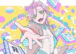  1boy androgynous collared_shirt earrings green_eyes highres jacket jewelry katagiri_ikumi looking_at_viewer male_focus multicolored_background multicolored_clothes open_mouth pink_hair pink_jacket robin_laffite shirt smile solo stud_earrings visual_prison white_shirt 
