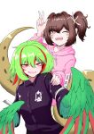 2girls absurdres bags_under_eyes bangs black_shirt brown_hair commentary_request green_feathers green_hair green_wings hair_between_eyes harpy highres hood hoodie lamia monster_girl multiple_girls one_eye_closed open_mouth original pink_hoodie pink_nails red_eyes red_feathers red_wings redhead shirt short_hair side_ponytail simple_background togenomaru two-tone_wings v white_background wings wink zipper_pull_tab
