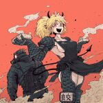 1boy 1girl :d absurdres apron ass ass_cutout bangs black_apron black_horns black_jacket black_pants black_tail blonde_hair box breasts caiman_(dorohedoro) clothing_cutout collarbone commentary crazy_eyes crazy_smile demon_girl demon_horns demon_tail dorohedoro dust_cloud from_behind gas_mask glowing glowing_eyes han_gong highres holding holding_box hood hooded_jacket horns jacket large_breasts looking_at_viewer looking_back mask messy_hair naked_apron nikaidou_(dorohedoro) no_bra open_mouth orange_background pants red_eyes ribs shrug_(clothing) sideboob simple_background smile spines standing tail teeth thigh_cutout translation_request upper_teeth
