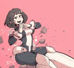  1girl absurdres ass bangs black_bodysuit blush_stickers bob_cut bodysuit boku_no_hero_academia boots breasts brown_eyes brown_hair commentary_request covered_nipples feet_out_of_frame han_gong highres knee_boots korean_commentary medium_breasts open_mouth pink_background red_eyes short_hair simple_background solo teeth thick_eyebrows thighs two-tone_bodysuit upper_teeth uraraka_ochako white_bodysuit white_footwear wrist_cuffs 