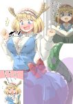  &gt;_&lt; alice_margatroid arnest blonde_hair blush breast_expansion breasts commentary_request commission dragon_horns dragon_tail highres horns kobayashi-san_chi_no_maidragon large_breasts open_mouth scales shiny shiny_hair skeb_commission tail tohru_(maidragon) touhou translation_request 