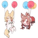  2girls absurdres animal_ear_fluff animal_ears artist_request balloon brown_eyes brown_hair dress floating fox_ears fox_tail full_body highres holding holding_balloon imaizumi_kagerou kitsune kudamaki_tsukasa light_brown_hair long_hair multiple_girls non-web_source off-shoulder_dress off_shoulder red_dress red_eyes romper short_hair short_sleeves source_request tail touhou two-tone_dress white_dress wolf_ears wolf_girl wolf_tail 