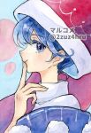  1girl 2zuz4hru artist_name bangs blue_eyes blue_hair doremy_sweet dress from_side large_hat looking_to_the_side painting_(medium) pixie_cut portrait profile red_headwear shirt short_hair smile smug touhou traditional_media turtleneck_dress twitter_username watercolor_(medium) white_shirt 