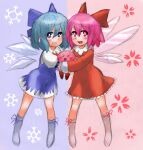  &gt;_&lt; 2girls blue_background blue_bow blue_dress blue_eyes blue_hair bow bright_pupils cirno dress eyebrows_visible_through_hair fairy floral_background full_body hair_bow kirby kirby_(series) kirby_64 looking_at_viewer multiple_girls open_mouth pinafore_dress pink_background pink_eyes pink_hair psychometalick-girls red_bow red_dress ribbon_(kirby) shirt short_hair smile snowflake_background touhou white_pupils white_shirt 