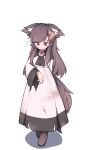  1girl absurdres animal_ears bandaid bangs boots brown_hair brown_legwear closed_mouth dirty dirty_clothes dress full_body hh highres imaizumi_kagerou long_hair long_sleeves red_eyes shadow simple_background solo standing sweatdrop tail tears torn_clothes torn_dress touhou white_background white_dress wolf_ears wolf_girl wolf_tail 