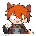  1boy animal_ears arknights chiave_(arknights) eyebrows_visible_through_hair fingerless_gloves fox_boy fox_ears fox_tail gloves goggles hair_over_one_eye jacket line_(naver) lowres male_focus official_art open_mouth pointing pointing_at_self redhead short_hair sweat tail 