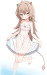 1girl :o absurdres ahoge animal_ears bangs bare_arms bare_shoulders barefoot brown_hair commentary_request dress eyebrows_visible_through_hair feet_out_of_frame frilled_dress frills hair_between_eyes hair_intakes highres indie_virtual_youtuber jiu_(sdesd3205) lion_ears lion_girl lion_tail long_hair looking_at_viewer parted_lips rurudo_lion see-through_silhouette shallow_water sleeveless sleeveless_dress solo standing standing_on_one_leg sundress tail very_long_hair virtual_youtuber water wet wet_clothes wet_dress white_background white_dress yellow_eyes 