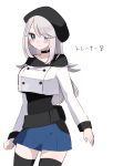  1girl absurdres beret black_legwear black_shirt blue_eyes blue_shorts blush breasts character_request check_character closed_mouth commentary_request crop_top grey_hair hat highres long_sleeves momikumo original pokemon shirt shorts smile solo thigh-highs translation_request 