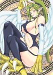  1girl animal_feet animal_hands bare_shoulders black_legwear blush breasts circlet claws commentary_request duel_monster feathered_wings feathers garter_straps greek_text green_hair harpie_queen harpy highres kairaku_namakikurage large_breasts long_hair monster_girl pointy_ears ponytail redhead revealing_clothes sideboob smile solo talons thigh-highs under_boob very_long_hair white_feathers white_wings winged_arms wings yu-gi-oh! 