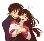  1boy 1girl arms_around_waist bangs brown_hair closed_eyes couple earrings eyebrows_visible_through_hair highres hug hug_from_behind inuyasha japanese_clothes jewelry kimono long_hair long_sleeves miroku_(inuyasha) oooranje_nlj open_mouth sango short_hair twitter_username white_background 