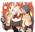  1boy 1girl animal_ears apron arknights bangs bare_shoulders black_apron brown_fur cooking doctor_(arknights) dog_boy dog_ears female_doctor_(arknights) furry furry_male furry_with_non-furry grabbing hand_under_clothes happy_new_year hetero highres horns hung_(arknights) interspecies lalatia-meai large_pectorals medium_hair multicolored_hair muscular muscular_male naked_apron orange_eyes orange_hair pectoral_cleavage pectoral_grab pectorals single_horn streaked_hair two-tone_fur white_fur white_hair wide-eyed 