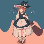  1girl apron blush bow broom brown_hair full_body hat holding holding_broom kirisame_marisa long_sleeves looking_at_viewer open_mouth pigeon-toed salt_shol shirt shoes short_hair skirt socks solo standing star_(symbol) touhou vest waist_apron white_bow white_legwear witch_hat 