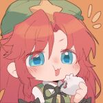  1girl :3 baozi blue_eyes blush braid chibi eating face fang food hat holding holding_food hong_meiling liangyilin long_hair looking_at_viewer open_mouth redhead simple_background solo touhou twin_braids 