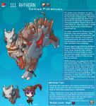  1boy artist_name black_hair blue_background character_name character_profile colored_skin english_commentary english_text fangs grey_skin hat_feather highres horns kinkymation long_hair personification pointy_ears poke_ball poke_ball_(basic) pokemon purple_hair red_eyes rhyhorn single_horn taur 