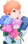  1boy bangs blue_flower casual child emiya_shirou fate/stay_night fate_(series) flower highres holding holding_flower kamo_0707 looking_at_viewer male_focus orange_hair parted_lips pink_flower shirt short_hair short_sleeves solo upper_body younger 