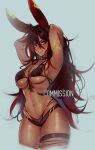  1girl absurdres animal_ears armband armpits arms_up bikini black_hair blue_eyes breasts commentary commission cowboy_shot dark-skinned_female dark_skin english_commentary gradient_hair grey_background hair_between_eyes highres kirih_shiraishi_(sword_scream) long_hair looking_at_viewer multicolored_hair navel nsfwolf original parted_lips rabbit_ears rabbit_girl redhead simple_background solo swimsuit teeth thigh_strap two-tone_hair 