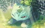  blurry bright_pupils bulbasaur claws commentary_request day grass leaf light_rays no_humans okano_dei one_eye_closed outdoors pokemon pokemon_(creature) red_eyes solo white_pupils 