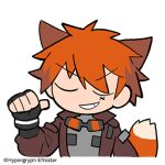  1boy animal_ears arknights chiave_(arknights) chibi closed_eyes fingerless_gloves fox_boy fox_ears fox_tail gloves goggles hand_up jacket line_(naver) lowres male_focus official_art pointing pointing_at_self redhead short_hair smile solo tail thumbs_up 