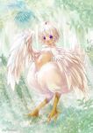  1girl ahoge artist_name bare_shoulders bird bird_legs forest harpy highres light_rays miusmz monster_girl nature navel open_mouth original outdoors short_hair solo sunbeam sunlight talons taur violet_eyes white_feathers white_hair white_wings winged_arms wings 