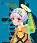  1girl absurdres bangs banned_artist barcode commentary dai_nikucho drawstring emoji green_eyes hairband halo highres hood hood_down hooded_jacket jacket looking_at_viewer original parted_lips pepe_the_frog short_hair solo upper_body white_hair yellow_jacket 