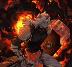  1boy animal_ears arknights bangs bare_shoulders brown_fur clothes_around_waist dog_boy dog_ears explosion feet_out_of_frame furry furry_male highres holding holding_shield horns hung_(arknights) jacket jacket_around_waist lalatia-meai large_pectorals male_focus medium_hair multicolored_hair muscular muscular_male orange_eyes orange_hair pectorals shield single_horn solo streaked_hair two-tone_fur white_fur white_hair 