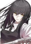  1girl absurdres black_hair black_ribbon bone chainsaw_man dress hair_between_eyes highres hwoi_(hw_123) long_hair looking_at_viewer lower_teeth mitaka_asa parted_lips pinafore_dress ribbon ringed_eyes scar scar_on_cheek scar_on_face simple_background solo spine teeth tongue upper_body white_background yellow_eyes 