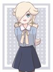  1girl alternate_costume blonde_hair blue_eyes blue_skirt casual chocomiru crown crown_removed earrings hair_over_one_eye jewelry looking_at_viewer one_eye_covered open_mouth pantyhose polka_dot polka_dot_background rosalina skirt smile solo super_mario_bros. super_mario_galaxy super_mario_galaxy_2 upper_body 