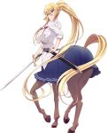  1girl absurdly_long_hair animal_ears artist_request bad_source belt blonde_hair blue_eyes blue_skirt blush breasts centaur centorea_shianus full_body holding holding_sword holding_weapon horse_ears horse_tail huge_breasts long_hair long_sword looking_at_viewer looking_back monster_girl monster_musume_no_iru_nichijou monster_musume_no_iru_nichijou_online official_art sheath shirt skirt solo sword tail taur transparent_background very_long_hair weapon white_shirt 