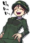  1girl :d absurdres bangs black_hair black_necktie chouno_ami closed_eyes dress_shirt facing_viewer female_service_cap girls_und_panzer green_headwear green_jacket green_skirt hands_on_hips hat highres jacket japan_ground_self-defense_force japan_self-defense_force long_sleeves military military_hat military_uniform nakachiruno necktie open_mouth pencil_skirt shirt short_hair simple_background skirt smile solo swept_bangs translated uniform v-shaped_eyebrows white_background wing_collar 