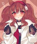  ! 1girl animal_ears arknights bangs brown_hair eyebrows_visible_through_hair fox_ears fox_girl gloves hairband highres infection_monitor_(arknights) jacket long_hair long_sleeves parted_lips red_eyes solo tomatoritori twintails white_jacket 