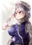  1girl absurdres breasts closed_mouth commentary_request eyebrows_visible_through_hair grey_eyes grey_hair highres lapel_pin large_breasts letty_whiterock light_rays long_sleeves maboroshi_mochi purple_vest scarf shiny shiny_hair simple_background smile solo touhou upper_body vest white_headwear white_scarf 