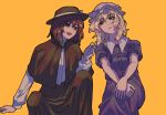  2girls :d bangs black_capelet black_headwear black_skirt blonde_hair bow brown_eyes brown_hair capelet collared_dress commentary_request dress eyebrows_visible_through_hair fedora hair_between_eyes hands_on_own_knees hat hat_bow highres knee_up long_sleeves looking_at_another maribel_hearn me_ri0815 mob_cap multiple_girls orange_eyes own_hands_together puffy_short_sleeves puffy_sleeves purple_dress shirt short_hair short_sleeves sitting skirt smile talking touhou usami_renko white_bow white_headwear white_shirt yellow_background 