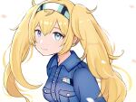  1girl blonde_hair blue_eyes blue_shirt collared_shirt gambier_bay_(kancolle) gloves hairband kantai_collection lacroa looking_at_viewer multicolored_clothes multicolored_gloves one-hour_drawing_challenge shirt simple_background smile solo twintails upper_body white_background 