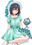 arm_support bangs black_hair bow collarbone commentary_request deadnooodles dot_nose dress eyebrows_visible_through_hair eyelashes globe green_bow green_dress hair_between_eyes hat highres jewelry legs light_blush looking_at_viewer love_live! love_live!_nijigasaki_high_school_idol_club mifune_shioriko necklace on_floor pearl_necklace puffy_short_sleeves puffy_sleeves ribbed_hat shoes short_hair short_sleeves smile waist_bow white_background white_footwear white_headwear yellow_eyes 
