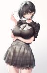  1girl absurdres black_hair breasts choker dress earrings eyebrows_visible_through_hair frills hair_between_eyes highres jewelry lace large_breasts looking_at_viewer nail_polish original ribbon short_hair solo standing white_background yazune 
