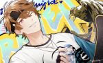  1boy :d bangs black_gloves bottle brown_eyes brown_hair casual fingerless_gloves gloves grin highres holding holding_bottle jewelry luke_pearce_(tears_of_themis) necklace one_eye_closed shirt short_hair smile solo tears_of_themis teeth water_bottle white_shirt xeiling 