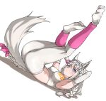  1girl animal_ears arms_behind_head blue_eyes blush bow braid braided_tail commentary elbow_gloves extra_ears eyebrows_visible_through_hair gloves hair_bow headgear highres horse_ears horse_girl horse_tail kemono_friends leg_warmers legs_up long_hair lying midriff no_shoes on_back pantyhose pink_bow sleeveless solo sports_bra sportswear tail tail_bow tail_ornament tanabe_(fueisei) thighs white_gloves white_hair white_legwear white_sports_bra white_thoroughbred_(kemono_friends) 