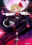  1girl :d absurdres ascot black_skirt black_vest blonde_hair fang full_body full_moon hair_ribbon highres long_sleeves looking_at_viewer moon night open_mouth outstretched_arms poprication red_eyes red_moon ribbon rumia shirt shoes short_hair skirt skirt_set sky smile solo spread_arms touhou vest white_shirt 