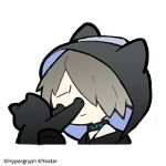  1boy animal_ears animal_hands arknights black_cat brown_hair cat cat_boy cat_ears chibi christine_(arknights) covered_eyes hand_up infection_monitor_(arknights) line_(naver) lowres male_focus official_art phantom_(arknights) short_hair 