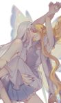  2girls aurora_(fate) blonde_hair fairy_knight_lancelot_(fate) fate/grand_order fate_(series) highres imminent_kiss long_hair multiple_girls myang_05 pointy_ears simple_background very_long_hair white_background white_hair wings yuri 