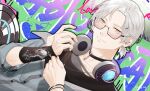  1boy black_choker choker closed_mouth glasses grey_jacket headphones headphones_around_neck highres jacket long_sleeves looking_at_viewer short_hair smile solo tears_of_themis vyn_richter_(tears_of_themis) white_hair xeiling yellow_eyes 