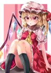  1girl :o absurdres ascot black_legwear blonde_hair breasts collared_shirt commentary_request crystal eyebrows_visible_through_hair feet_out_of_frame flandre_scarlet frilled_shirt_collar frilled_skirt frilled_sleeves frills hair_between_eyes hat hat_ribbon highres kneehighs looking_at_viewer maboroshi_mochi medium_hair mob_cap multicolored_wings open_mouth orange_eyes pink_background puffy_short_sleeves puffy_sleeves red_ribbon red_skirt red_vest ribbon shirt short_sleeves side_ponytail simple_background sitting skirt small_breasts solo thighs touhou vest white_headwear white_shirt wings yellow_ascot 