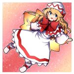  1girl :d bangs blonde_hair blue_eyes bow bowtie capelet dress eyebrows_visible_through_hair fairy_wings footwear_bow full_body highres hurin_raika lily_white long_hair long_sleeves open_mouth red_bow red_bowtie smile solo touhou white_capelet white_dress white_footwear white_headwear wide_sleeves wings 
