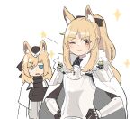  2girls animal_ears arknights armor bangs blemishine_(arknights) blonde_hair blue_eyes brown_eyes cape closed_mouth eyebrows_visible_through_hair fur-trimmed_cape fur_trim hat horse_ears horse_girl jitome kumamoto_aichi multiple_girls one_eye_closed parted_lips ponytail thick_eyebrows whislash_(arknights) 